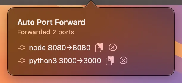Auto port-forward notification showing detected ports